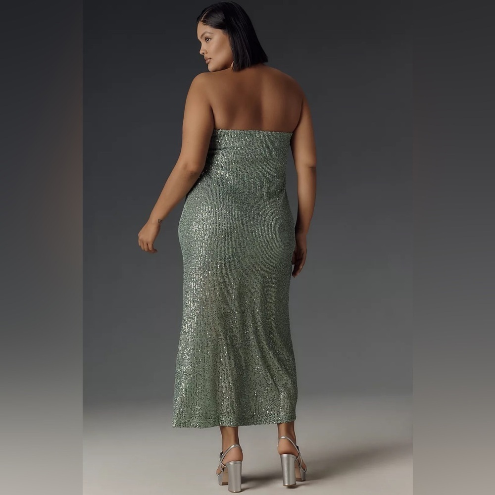 NWT!Anthro Moss Green The Fleur Strapless Satin Maxi Slip Dress: Sequin Edition🏆 - Picture 5 of 10